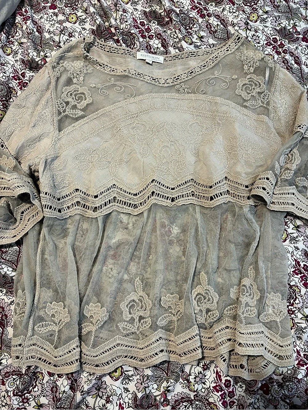 Rebellion Floral Lace Blouse in Pink & Blue Like New